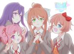  4girls absurdres ayanamirio blazer blue_eyes blush bow brown_hair brown_jacket doki_doki_literature_club green_eyes hands_on_own_chest highres jacket long_hair looking_at_viewer monika_(doki_doki_literature_club) multiple_girls natsuki_(doki_doki_literature_club) one_eye_closed pink_eyes pink_hair purple_hair red_bow ribbon sayori_(doki_doki_literature_club) school_uniform short_hair v violet_eyes white_ribbon yuri_(doki_doki_literature_club) 