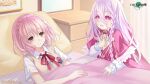  2girls bed bedroom child closed_mouth date_a_live date_a_live:_spirit_pledge eyebrows_visible_through_hair highres indoors long_hair long_sleeves multiple_girls pillow pink_hair purple_hair red_eyes red_ribbon ribbon shirt short_hair smile sonogami_rinne sonogami_rio white_shirt wide-eyed 