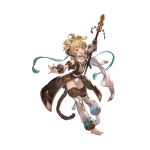  1girl andira_(granblue_fantasy) barefoot blonde_hair cleavage_cutout clothing_cutout erune full_body fur_trim granblue_fantasy hair_ornament headband holding holding_staff minaba_hideo monkey_tail official_art red_eyes scarf short_hair solo staff tail transparent_background twintails two_side_up 