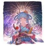  1girl animal_ears blue_hair braid breasts candy_apple catura_(granblue_fantasy) chocolate_banana corn cow_ears cow_girl cow_horns draph ear_piercing flower food gradient_hair granblue_fantasy hair_flower hair_ornament horns japanese_clothes kimono large_breasts long_hair minaba_hideo multicolored_hair official_art orange_eyes piercing pointy_ears purple_hair sash solo violet_eyes 