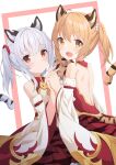  2girls :d absurdres animal_ears bangs blush brown_eyes cindala detached_sleeves dress eyebrows_visible_through_hair fang granblue_fantasy grey_hair highres holding_hands light_brown_hair looking_at_viewer lr_(last_remote_514) medium_hair multiple_girls red_dress simple_background smile tail twintails white_dress wide_sleeves yellow_eyes 