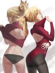  1girl ass back back_cutout bangs black_leotard blonde_hair braid breasts clothing_cutout fate/apocrypha fate_(series) french_braid green_eyes highres jewelry jewelry_removed leotard long_hair long_sleeves looking_at_viewer looking_back mordred_(fate) mordred_(fate/apocrypha) multiple_views necklace necklace_removed pantyhose parted_bangs parted_lips pendant ponytail red_legwear sidelocks small_breasts tonee turtleneck_leotard 