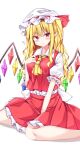  1girl ascot bangs blonde_hair blush bow breasts buttons closed_mouth collared_shirt commentary_request crystal drill_hair flandre_scarlet frilled_skirt frills hand_on_own_chest hat highres knees kuraaken large_breasts long_hair looking_at_viewer mob_cap older one_side_up pointy_ears puffy_short_sleeves puffy_sleeves red_bow red_ribbon red_skirt red_vest ribbon shirt short_sleeves side_ponytail sidelocks simple_background sitting skirt solo sweatdrop touhou vest wariza white_background white_hair white_headwear white_ribbon white_shirt wing_collar wings yellow_ascot 