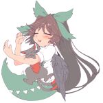  1girl animal black_cat black_hair black_wings blush bow cat feathered_wings holding holding_animal holding_cat hug ini_(inunabe00) kaenbyou_rin kaenbyou_rin_(cat) long_hair multiple_tails nekomata open_mouth puffy_short_sleeves puffy_sleeves reiuji_utsuho shirt short_sleeves sleeping tail touhou two_tails very_long_hair white_background white_shirt wings 