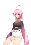  1girl ahoge bare_shoulders black_shirt blue_eyes breasts cigarette crop_top cutoffs expressionless hair_flaps hand_on_own_thigh highres holding large_breasts long_hair long_sleeves looking_at_viewer midriff navel off-shoulder_shirt off_shoulder original pink_hair see-through shirt short_shorts shorts simple_background solo thighs ugwa very_long_hair white_background white_shorts 