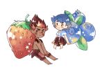  2boys antenna_hair ash_ketchum barefoot black_eyes blue_hair blueberry blush brown_pants capri_pants catsubun_(kkst0904) chibi closed_mouth commentary dark-skinned_male dark_skin food fruit kiawe_(pokemon) male_focus multiple_boys pants pokemon pokemon_(anime) pokemon_sm_(anime) shirt short_hair shorts smile strawberry striped striped_shirt t-shirt topless_male 