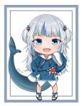  1girl :d bangs blue_eyes blue_hair blue_legwear blunt_bangs chibi dated eyebrows_visible_through_hair fish_tail full_body gawr_gura hair_ornament hololive hololive_english karorena long_hair looking_at_viewer multicolored_hair shark_tail sharp_teeth shoes short_twintails signature silver_hair sleeves_past_fingers sleeves_past_wrists smile socks solo tail teeth twintails two-tone_hair virtual_youtuber white_footwear 