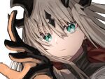  1girl absurdres arknights bangs blue_eyes closed_mouth dragon_girl dragon_horns earrings eyebrows_visible_through_hair gloves highres horns jewelry long_hair platinum_blonde_hair raw_egg_lent reed_(arknights) solo white_background 