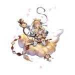  1girl andira_(granblue_fantasy) blonde_hair blush_stickers cherry_blossoms cleavage_cutout clothing_cutout clouds erune flying_nimbus full_body fur_trim granblue_fantasy hair_ornament headband minaba_hideo monkey monkey_tail nose_bubble official_art red_eyes short_hair shorts sitting sleeping staff striped striped_legwear tail thigh-highs transparent_background twintails two_side_up 