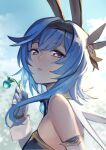  1girl animal_ears bare_shoulders blue_hair blue_sky eula_(genshin_impact) face flower from_side genshin_impact gloves hairband half-closed_eyes holding holding_flower lips long_sleeves looking_at_viewer medium_hair parted_lips rabbit_ears siriuflong sky unfinished 