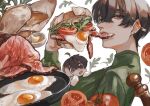  2boys ahoge bangs bread brown_eyes brown_hair commentary drooling ear_piercing earrings eating english_commentary fatalbug896 food food_focus food_in_mouth from_side frying_pan green_shirt hair_between_eyes hand_up highres holding holding_food jewelry leaf long_sleeves looking_at_viewer male_focus meal meat miniboy mixed-language_commentary mouth_drool multiple_boys open_mouth original pepper piercing sandwich sauce shirt short_hair sunny_side_up_egg tomato_slice upper_body white_background 