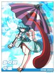  absurdres bangs blue_eyes blue_hair blue_skirt blue_vest geta heterochromia highres holding holding_umbrella hoshii_1213 juliet_sleeves long_sleeves no_socks puffy_sleeves red_eyes shirt short_hair skirt tatara_kogasa tongue touhou umbrella urameshiya vest white_shirt 