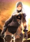  1girl breasts brown_eyes closed_mouth clouds frenlyse gloves grey_hair highres long_hair looking_at_viewer mechanical_arms mix_(mixjjj) nier_(series) nier_reincarnation prosthesis prosthetic_arm prosthetic_leg single_mechanical_arm solo thigh-highs 