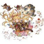  1girl animal_ears bangs bare_shoulders bird blonde_hair boots breasts chibi chicken earrings eyebrows_visible_through_hair flower flying granblue_fantasy hair_ornament harvin jewelry knee_boots long_hair looking_at_viewer machine mahira_(granblue_fantasy) minaba_hideo official_art red_eyes robot_animal simple_background sitting small_breasts swinging thigh-highs white_background 