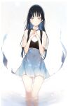  1girl black_hair blue_eyes blue_skirt closed_mouth earrings gradient gradient_background grey_background hands_up highres interlocked_fingers jewelry long_hair lpip original shirt short_sleeves skirt soaking_feet solo very_long_hair water white_background white_shirt 