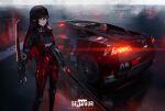  1girl absurdres artist_name bangs black_hair bodysuit bow breasts car closed_mouth dual_wielding fake_horns gloves ground_vehicle hair_between_eyes highres holding holding_weapon horn_bow horn_ornament horned_headwear horns katana long_hair lucia_(punishing:_gray_raven) mecha_musume motor_vehicle multicolored_hair night punishing:_gray_raven red_eyes redhead science_fiction seymour signature solo sword under_boob weapon 
