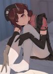  1girl bed black_dress black_gloves blurry blurry_background blush brown_hair dress elbow_gloves foot_out_of_frame gin00 gloves hair_bun hair_ornament hairclip hat highres higuchi_madoka idolmaster idolmaster_shiny_colors indoors looking_at_viewer mole mole_under_eye nurse_cap on_bed panties panties_under_pantyhose pantyhose pillow pinafore_dress purple_shirt red_eyes reward_available shade shirt short_hair short_sleeves sitting solo turtleneck underwear white_legwear white_panties x_hair_ornament 