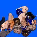  1girl ahoge androgynous arm_up baggy_clothes baggy_pants barefoot black_nails blue_background cat chiaki_ore ear_piercing grey_eyes looking_away nail_polish original pants piercing short_hair sweatdrop tomboy too_many too_many_cats white_hair 
