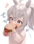  1girl absurdres ahoge animal_ears bangs blush bread burger eating eyebrows_visible_through_hair food fur_trim grey_eyes grey_hair hair_between_eyes highres holding holding_food horse_ears horse_girl ishita_umi jacket lettuce long_hair long_sleeves meat notice_lines oguri_cap_(umamusume) sandwich shirt silver_hair solo tomato umamusume upper_body white_background younger 