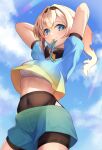  1girl absurdres anichika arms_up bangs blonde_hair blue_eyes blue_shorts blue_sky blush breasts chest_sarashi closed_mouth clouds commentary_request cowboy_shot day eyebrows_visible_through_hair from_below gradient_shirt highres hololive kazama_iroha long_hair looking_at_viewer midriff mouth_hold ponytail sarashi short_shorts short_sleeves shorts sky smile solo standing tying_hair virtual_youtuber 