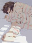  1girl artist_name barefoot blue_eyes brown_hair lying mattaku_mousuke messy_hair on_bed on_side one_eye_closed original pajamas short_hair sleepy soles solo sunlight watermark 