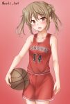  1girl anti_(untea9) ball basketball basketball_jersey basketball_uniform breasts cosplay cowboy_shot double_bun gradient gradient_background gym_uniform hair_bun highres kantai_collection light_brown_hair michishio_(kancolle) mitsui_hisashi mitsui_hisashi_(cosplay) name_connection open_mouth red_background short_twintails shorts slam_dunk_(series) small_breasts smile solo sportswear twintails yellow_eyes 