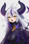  1girl ahoge anger_vein angry artist_name ascot bangs blush collar demon_horns dress eyebrows_visible_through_hair fang gotoh510 grey_background hair_between_eyes highres hololive horns la+_darknesss looking_at_viewer metal_collar multicolored_hair open_mouth purple_hair simple_background sketch sleeves_past_fingers sleeves_past_wrists solo streaked_hair striped_horns tail virtual_youtuber yellow_eyes 