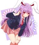  1girl animal_ears arm_up bangs bent_over black_legwear blazer blush box breasts bullet buttons collared_shirt commentary_request crescent crescent_pin danmaku fingernails hand_in_hair hand_on_own_thigh heart jacket knees light_purple_hair long_hair long_sleeves looking_at_viewer medium_breasts miniskirt necktie okawa_friend open_mouth pink_skirt pleated_skirt pocket rabbit_ears red_eyes red_necktie reisen_udongein_inaba shiny shiny_hair shirt skirt smile socks solo standing suit_jacket touhou white_shirt wing_collar 