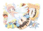  1girl angel angel_wings blonde_hair blue_eyes blue_footwear blush candy candy_wrapper chocolate covering_mouth doughnut dress feathered_wings food halo hand_to_own_mouth highres kneeling looking_at_viewer mary_janes original pocky pop_(electromagneticwave) ribbon shoes short_dress short_hair socks solo sundress thighs white_dress white_wings wings 