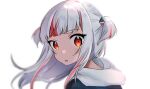  1girl backlighting face fang gawr_gura grey_hair highres hololive hololive_english long_hair looking_at_viewer looking_back maru_ccy multicolored_hair open_mouth red_eyes redhead reflect_(gawr_gura) skin_fang solo streaked_hair two_side_up virtual_youtuber white_background 