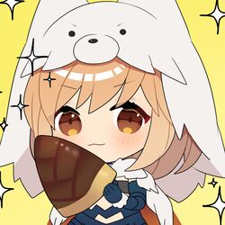  1girl berserker_(granblue_fantasy) blonde_hair blush brown_hair cape chibi chocolate djeeta_(granblue_fantasy) expressive_clothes gauntlets granblue_fantasy hat panda_(azarashi_suki) short_hair skirt smirk solo takenoko_no_sato_(food) upper_body 