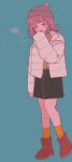  1girl alternate_costume bangs black_skirt blush brown_headwear danganronpa_(series) danganronpa_2:_goodbye_despair flipped_hair full_body green_background hand_up itodai_d jacket nanami_chiaki open_clothes open_jacket open_mouth orange_legwear pencil_skirt pink_hair shirt_tucked_in shoes skirt sleeves_past_fingers sleeves_past_wrists socks solo standing translation_request white_jacket 