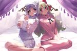  2girls :3 absurdres bangs bed between_legs blush bow closed_mouth commission eyebrows_visible_through_hair hair_between_eyes hair_bow hair_ornament hair_ribbon hand_between_legs hand_up heterochromia highres light_green_hair lilith_(lumilive) long_hair looking_at_another lumilive mei_amaya multiple_girls object_hug pajamas pillow pillow_hug purple_hair ribbon sidelocks sitting skeb_commission takuan_(mo55ilst) violet_eyes virtual_youtuber wariza 