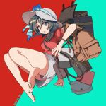  1girl adapted_costume backpack bag bare_legs barefoot black_hair black_undershirt blue_eyes blush bow center_frills commentary_request eyebrows_visible_through_hair feet frills grey_shorts handbag hat hat_bow highres kaban_(kemono_friends) kemono_friends legs nanana_(nanana_iz) red_shirt shirt short_hair short_sleeves shorts soles solo sun_hat t-shirt toes 