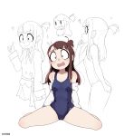  1girl absurdres artist_name bangs breasts brown_hair full_body highres jacket jacket_partially_removed kagari_atsuko little_witch_academia long_hair m_legs medium_breasts on_floor once_11h open_mouth red_eyes school_swimsuit simple_background sitting solo spread_legs swimsuit teeth tied_hair upper_teeth white_background white_jacket 