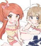  2girls :d :t absurdres ahoge arm_rest bangs barefoot bed_sheet between_legs blue_eyes blunt_bangs blunt_ends blush bow card clenched_hand closed_mouth collarbone dot_nose drawstring elbow_rest eyebrows_visible_through_hair eyes_visible_through_hair floral_print frilled_sleeves frills from_above from_side hair_bow hand_between_legs head_rest highres idolmaster idolmaster_million_live! indoors light_brown_hair long_hair looking_at_viewer looking_to_the_side looking_up lying lying_card matching_outfit meeeeeeco359 multiple_girls on_bed on_stomach one_side_up oogami_tamaki open_mouth orange_eyes pajamas pink_bow playing_card puffy_short_sleeves puffy_sleeves redhead short_hair short_sleeves sitting sleepover sleepwear smile suou_momoko swept_bangs v_arms wariza 