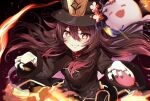  1girl black_headwear black_jacket black_nails blush brown_hair chinese_clothes commentary english_commentary eyebrows_visible_through_hair fire flat_chest floating_hair flower flower-shaped_pupils genshin_impact ghost glint gradient_hair grin hair_between_eyes hat hat_flower highres hu_tao_(genshin_impact) jacket jewelry long_hair long_sleeves looking_at_viewer meronpanne multicolored_hair multiple_rings nail_polish plum_blossoms porkpie_hat red_eyes red_shirt redhead ring shirt signature smile solo symbol-shaped_pupils tangzhuang tassel teeth two-tone_hair upper_body v-shaped_eyebrows 