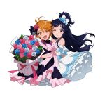  2girls absurdres black_dress black_hair blue_eyes bouquet brown_eyes brown_hair cure_black cure_white dress futari_wa_precure futari_wa_precure_max_heart highres holding holding_bouquet huge_0330 long_hair looking_at_viewer misumi_nagisa multiple_girls one_eye_closed open_mouth precure short_hair simple_background smile white_background white_dress yukishiro_honoka 