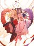  2girls bare_shoulders black_hair blonde_hair bouquet breasts brown_hair crown ereshkigal_(fate) fate/grand_order fate_(series) flower hand_on_own_chest highres ishtar_(fate) leotard long_hair looking_at_viewer lufufu medium_breasts multiple_girls navel petals red_eyes rose smile thighs two_side_up white_background 