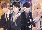  4boys ace_of_diamonds bai_qi_(love_and_producer) black_gloves black_hair black_necktie black_suit blonde_hair blue_eyes brown_eyes brown_hair bug butterfly card clock dual_wielding formal gloves grey_necktie hand_up highres holding holding_card jack_of_hearts jacket joker_(card) li_zeyan long_sleeves looking_at_viewer love_and_producer male_focus mo_xu multiple_boys necktie playing_card rinmidori147 short_hair suit white_butterfly zhou_quiluo 