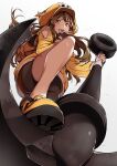  1girl anchor anchor_symbol backpack bag bare_legs bike_shorts black_gloves brown_eyes brown_hair fingerless_gloves from_below gloves guilty_gear guilty_gear_strive hat heart heart_tattoo highres jacket long_hair looking_at_viewer looking_down may_(guilty_gear) open_mouth orange_footwear orange_jacket pirate pirate_hat saeki_shun short_shorts shorts simple_background skull_and_crossbones smile solo tattoo white_background 