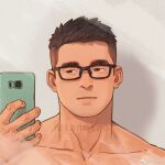  1boy bespectacled black_eyes black_hair closed_mouth collarbone glasses looking_at_phone male_focus mirror original phone selfie solo spiky_hair thick_eyebrows topless topless_male undercut xian_miao 