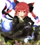  1girl :3 animal_ears blue_fire blush bow braid cat_ears cat_tail dress extra_ears fangs fangs_out fingernails fire ghost green_dress highres hitodama kaenbyou_rin looking_at_viewer multiple_tails nail_polish one-hour_drawing_challenge pointy_ears red_eyes redhead satoupote sharp_fingernails sitting slit_pupils smile solo tail touhou twin_braids two_tails white_background 