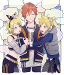  arguing blank_speech_bubble blonde_hair bow green_eyes hair_bow hair_ornament hairclip headphones highres jacket kagamine_len kagamine_rin off-shoulder_shirt off_shoulder oitanari orange_hair ponytail project_sekai sandwiched shinonome_akito shirt short_hair speech_bubble vocaloid 