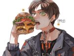  1boy absurdres bangs black_shirt brown_hair burger cheese collar constricted_pupils cross-laced_shirt eating eren_yeager fangs fatalbug896 food green_eyes grey_jacket hand_up highres holding holding_food jacket key lettuce long_sleeves looking_at_viewer male_focus onion open_clothes open_jacket open_mouth orange_collar orange_ribbon parted_bangs ribbon shingeki_no_kyojin shirt short_hair signature simple_background solo star_(symbol) teeth tomato_slice upper_body white_background 