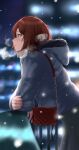  1girl absurdres ahoge aketa_mikoto arm_support bag blurry blurry_background blush bokeh breath depth_of_field from_side fur-trimmed_jacket fur_trim handbag highres idolmaster idolmaster_shiny_colors jacket leaning_forward looking_afar multicolored_eyes night oka_yuto padded_jacket profile railing redhead snowflakes snowing solo 