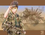  1girl assault_rifle australia bird blonde_hair bullpup green_eyes grenade_launcher ground_vehicle gun hand_on_headwear handgun hat hat_feather holster jpc letterboxed load_bearing_equipment looking_at_viewer military military_vehicle motor_vehicle original ostrich pistol rifle signature sleeves_rolled_up sling slouch_hat smile soldier solo steyr_aug tank watch watch weapon 