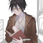  1boy ahoge alternate_costume bangs black_hair blush book breast_pocket brown_jacket danganronpa_(series) danganronpa_v3:_killing_harmony dress_shirt grey_shirt hair_between_eyes jacket long_sleeves looking_at_viewer male_focus messy_hair open_book open_clothes open_jacket pocket saihara_shuuichi shiny shiny_hair shirt short_hair sketch solo twitter_username um-_uh_(nrukac) upper_body 