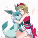  1girl bangs blonde_hair blue_eyes blush bracelet closed_mouth commentary_request eyelashes from_side glaceon hat highres irida_(pokemon) jewelry kneeling looking_at_viewer looking_to_the_side medium_hair pokemon pokemon_(creature) pokemon_(game) pokemon_legends:_arceus red_headwear sash satya shiny shiny_skin shorts signature sleeveless white_shorts 