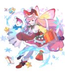 1girl ankle_boots bangs boots box dress enkyo_yuuichirou fairy_wings fire_emblem fire_emblem_heroes floating floating_object fur_trim gift gift_box hair_ornament high_heel_boots high_heels highres long_hair low-tied_long_hair mirabilis_(fire_emblem) official_art open_mouth pantyhose pink_hair pointy_ears polka_dot pom_pom_(clothes) red_footwear shiny shiny_hair sleeves_past_wrists snowflakes solo striped tied_hair transparent_background vertical_stripes violet_eyes wide_sleeves wings 